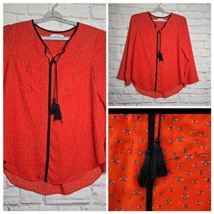 Libby Elderman Pullover Bumble Bee flowy High-low Tassle Blouse Size Large